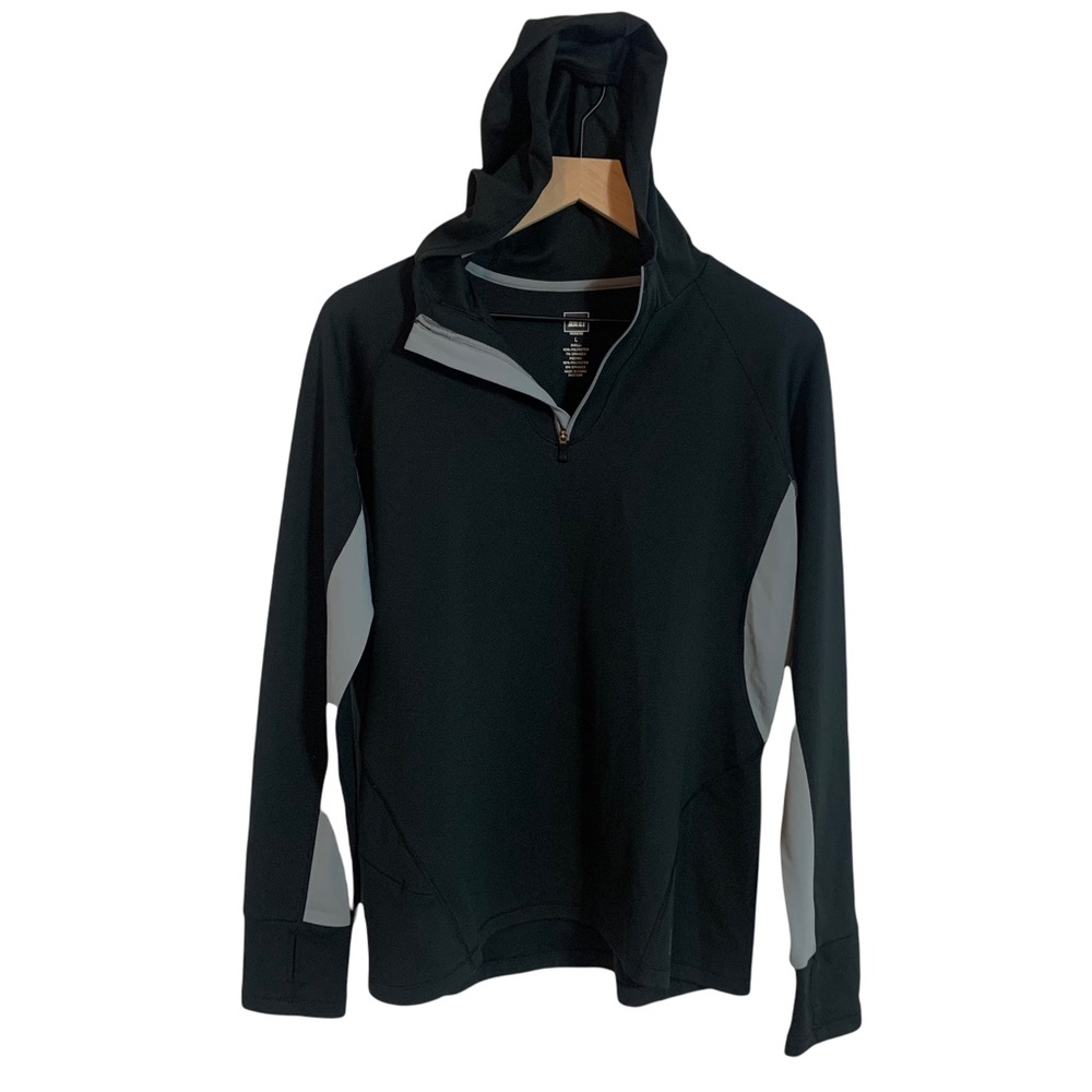 REI Women's Size Large Athletic‎ Hiking 1/4 Zip Black Hooded Jacket.